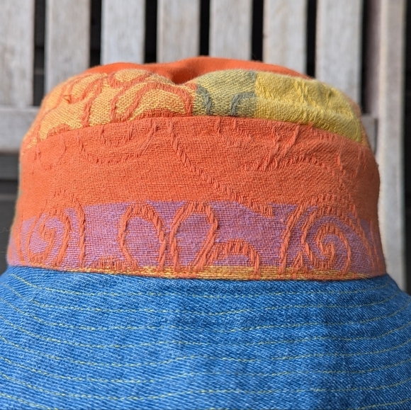 Handmade Patchwork Tapestry Denim Bucket Hat Unisex Blue Orange Pink Yellow - Picture 2 of 7